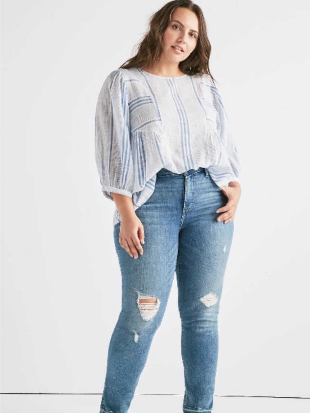Lucky Brand cindy stripe peasant top blue multi L - Picture 11 of 11